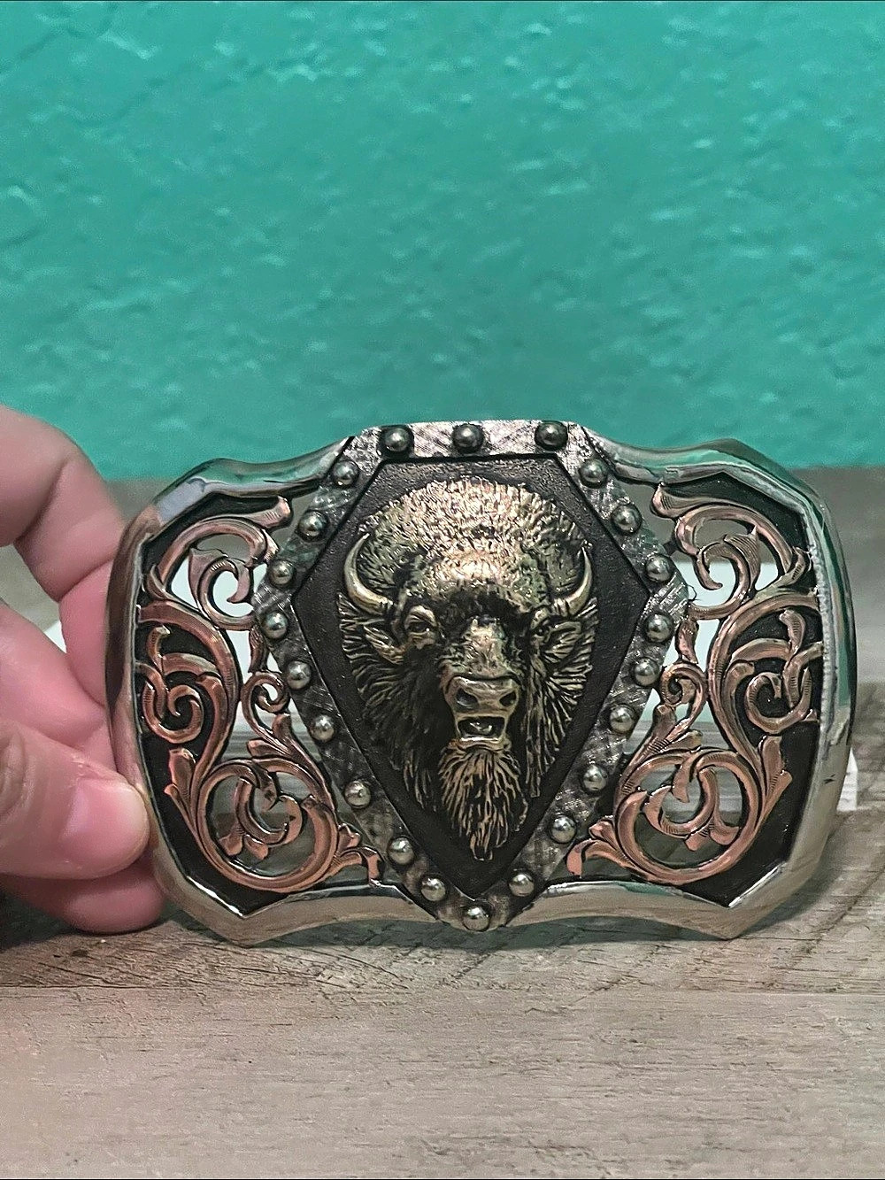 Augus Buffalo Western Belt Buckle in Silver & copper